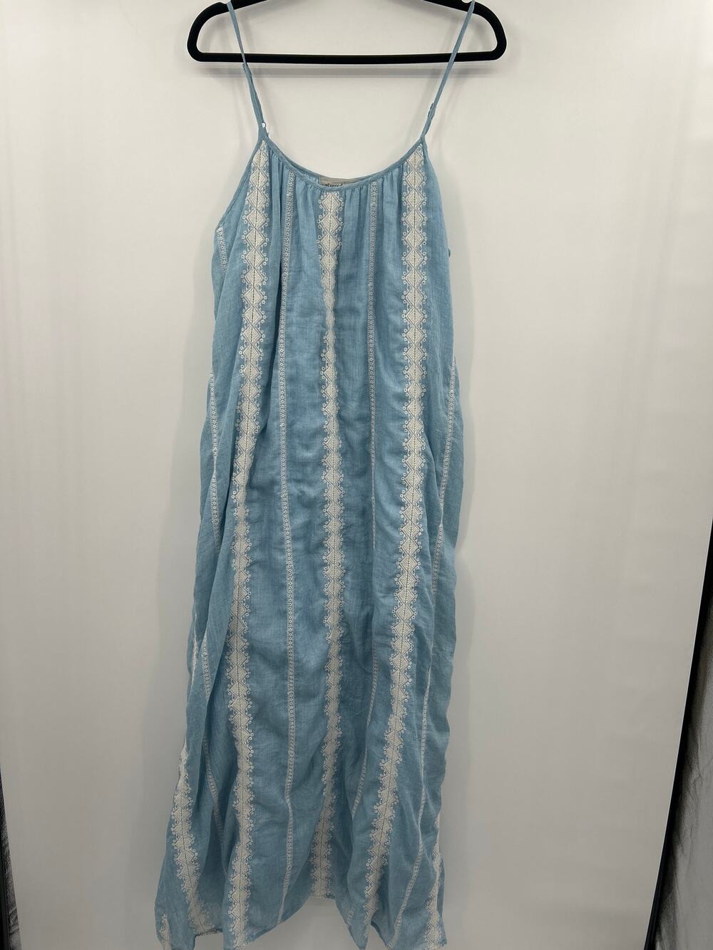 Untamed Life Maxi Dress Large Blue Embroidered Boho Cotton Sundress Coastal